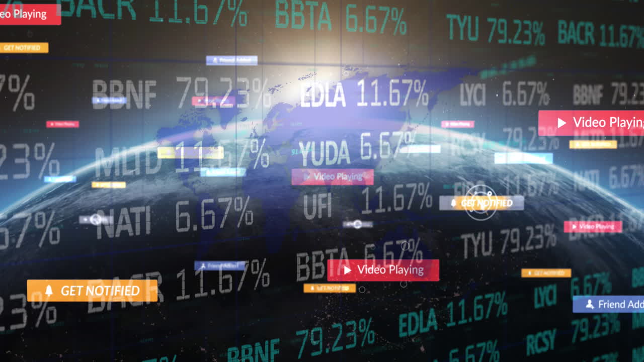 animación de iconos de redes sociales procesamiento de datos financieros en todo el mundo