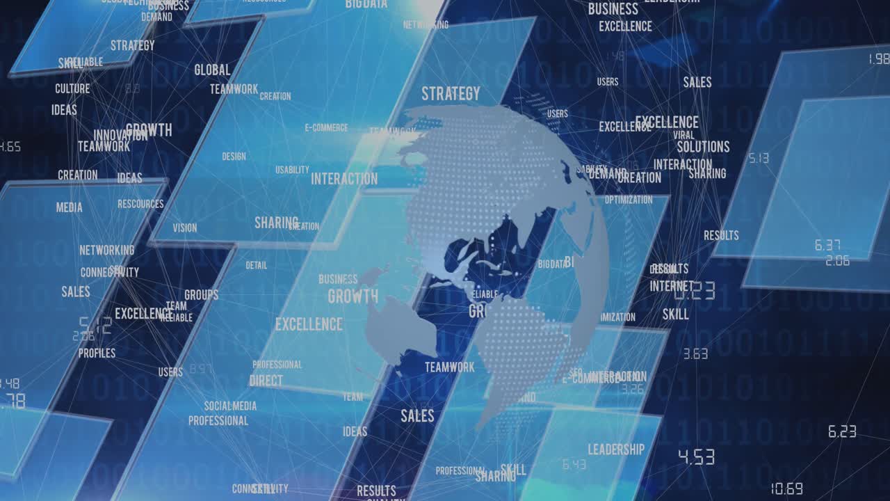 비즈니스 텍스트와 파란색 디지털 화면의 애니메이션 전 세계 배경