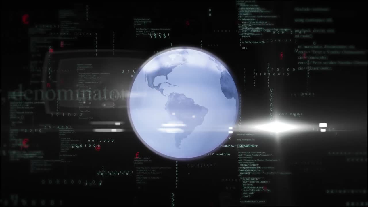 Animation of data processing and globe over globe on dark background