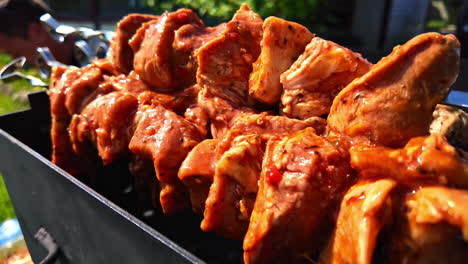 bbq shish kebab meat marinated in sauce ready to be cooked over charcoal