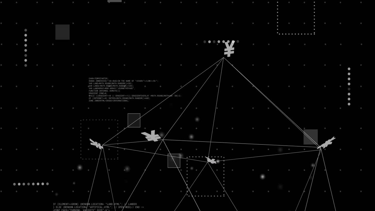 Animation of connections with currency signs and data processing over black background