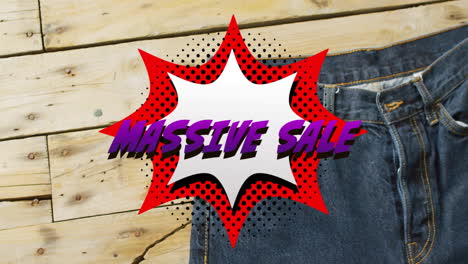 animation of retro massive sale text over denim trousers background