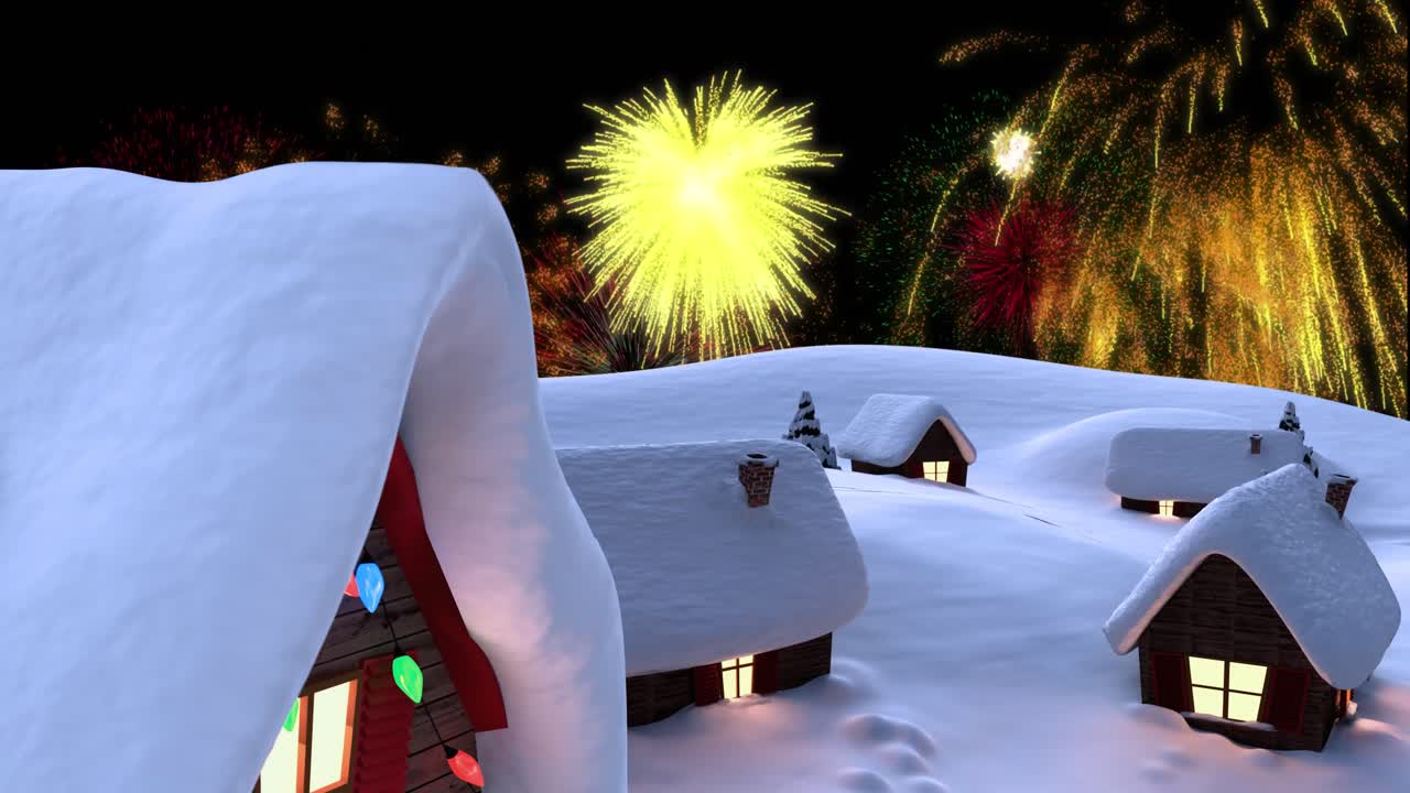 크리스마스 와 새해 의 애니메이션 밤 하늘 에 눈 이  ⁇ 인 집 들 위 에 불꽃놀이