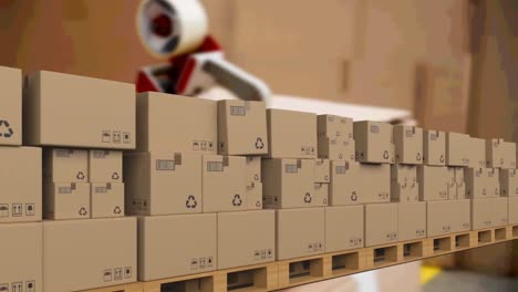 Animation-of-cardboard-boxes-moving-on-conveyor-belt-over-warehouse