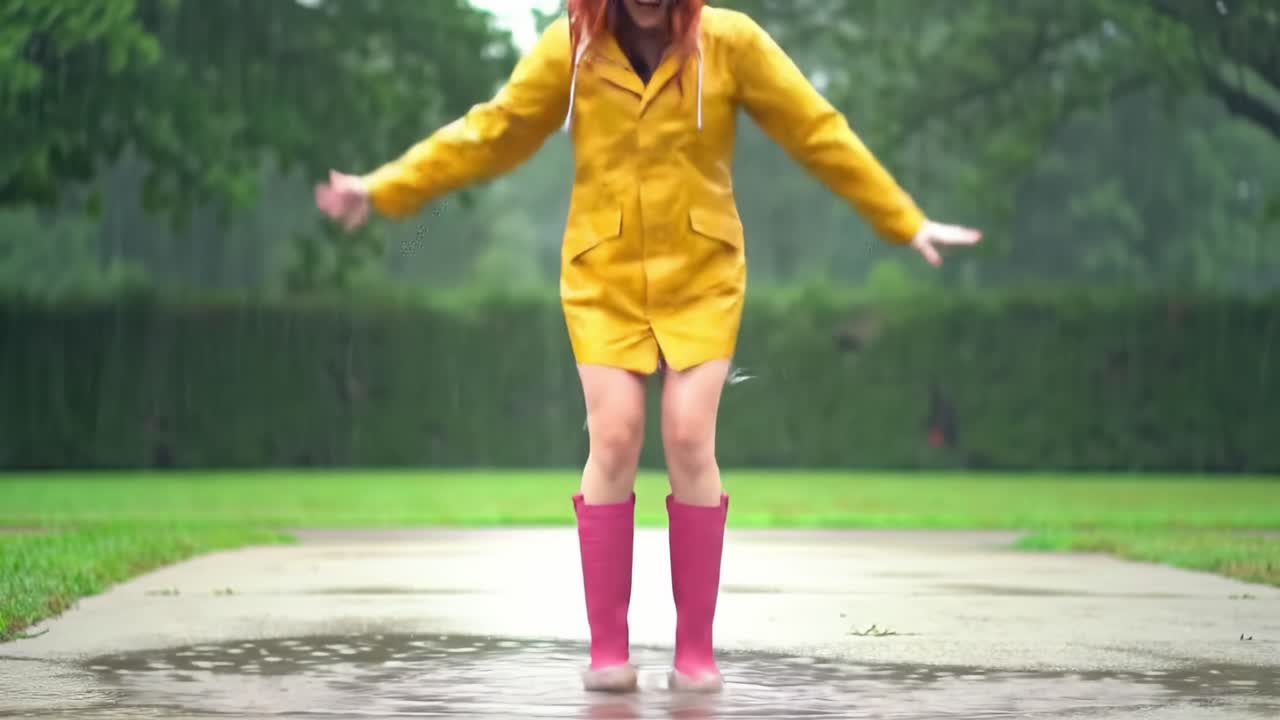 Joyful moments captured in the rain: A cheerful figure in a vibrant yellow raincoat splashes in puddles, relishing the playful energy of a rainy day