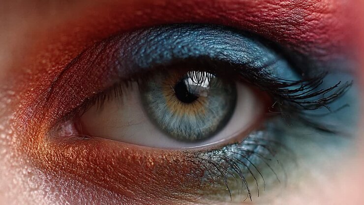 Een close-upverkenning van een hypnotiserend oog met opvallende, kleurrijke make-up die artistieke expressie en aandacht voor detail weerspiegelt