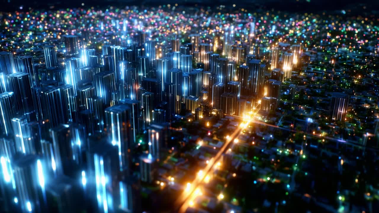 A bird's-eye view of a vibrant, illuminated cityscape at night, showcasing intricate patterns formed by glowing lights from skyscrapers and urban structures, creating a mesmerizing visual spectacle
