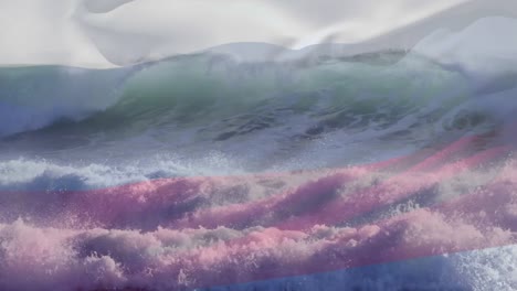 digital composition of waving russia flag against waves in the sea