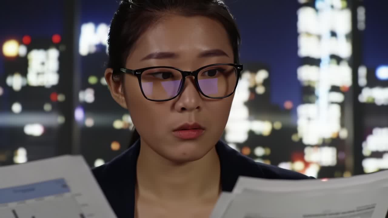 A focused professional analyzing important documents late at night with a city skyline backdrop, showcasing dedication and concentration in a business setting