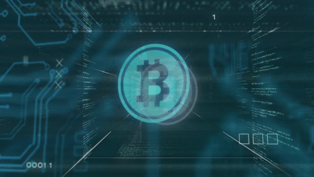 Scanlines starting Bitcoin token in teal corridor, pulsing pulling code streams, showing processing