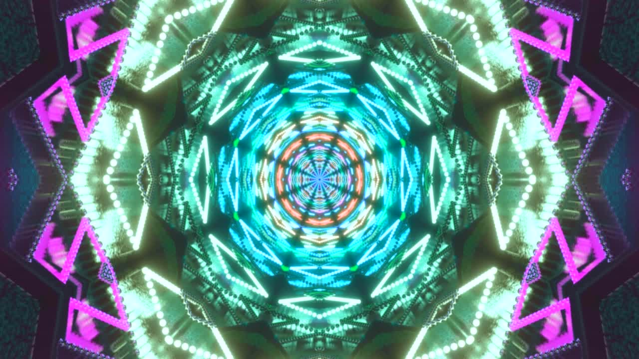 Colorful patterns and lights form a mesmerizing tunnel effect, creating an immersive and dynamic experience in a seamless video loop designed for screensavers