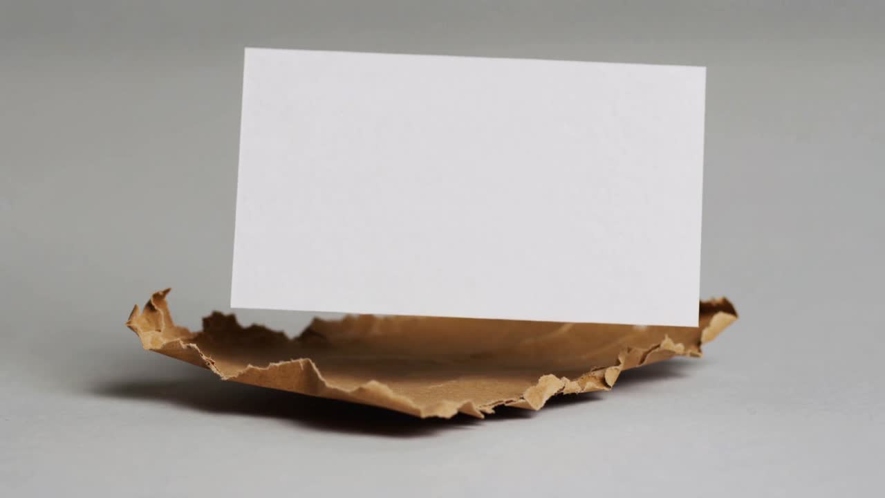 Entering frame, blank white card settling onto torn kraft paper on grey table, casting shadows