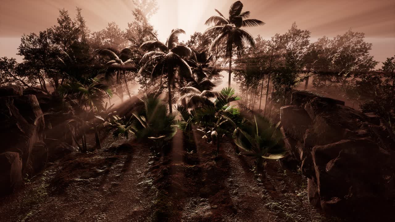 ⁇ 나무 를 가로지르는 해 가 지는 광선