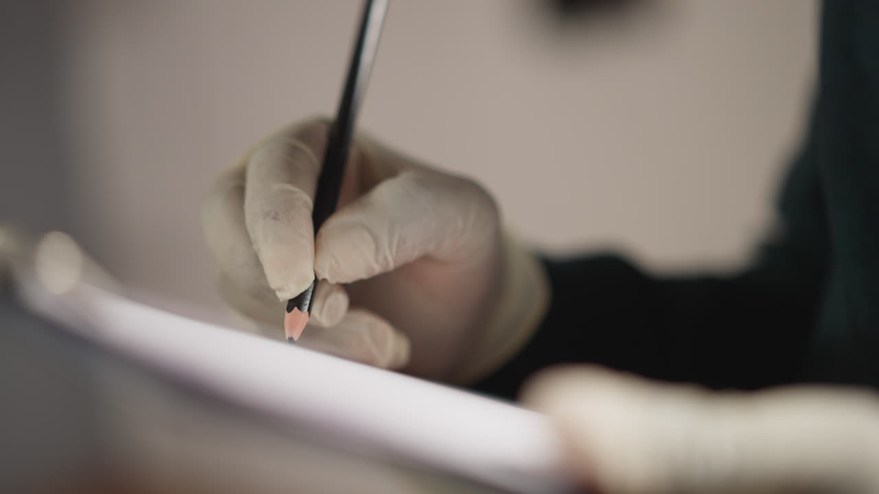 Lab assistant writes marks of scientific experiment progress