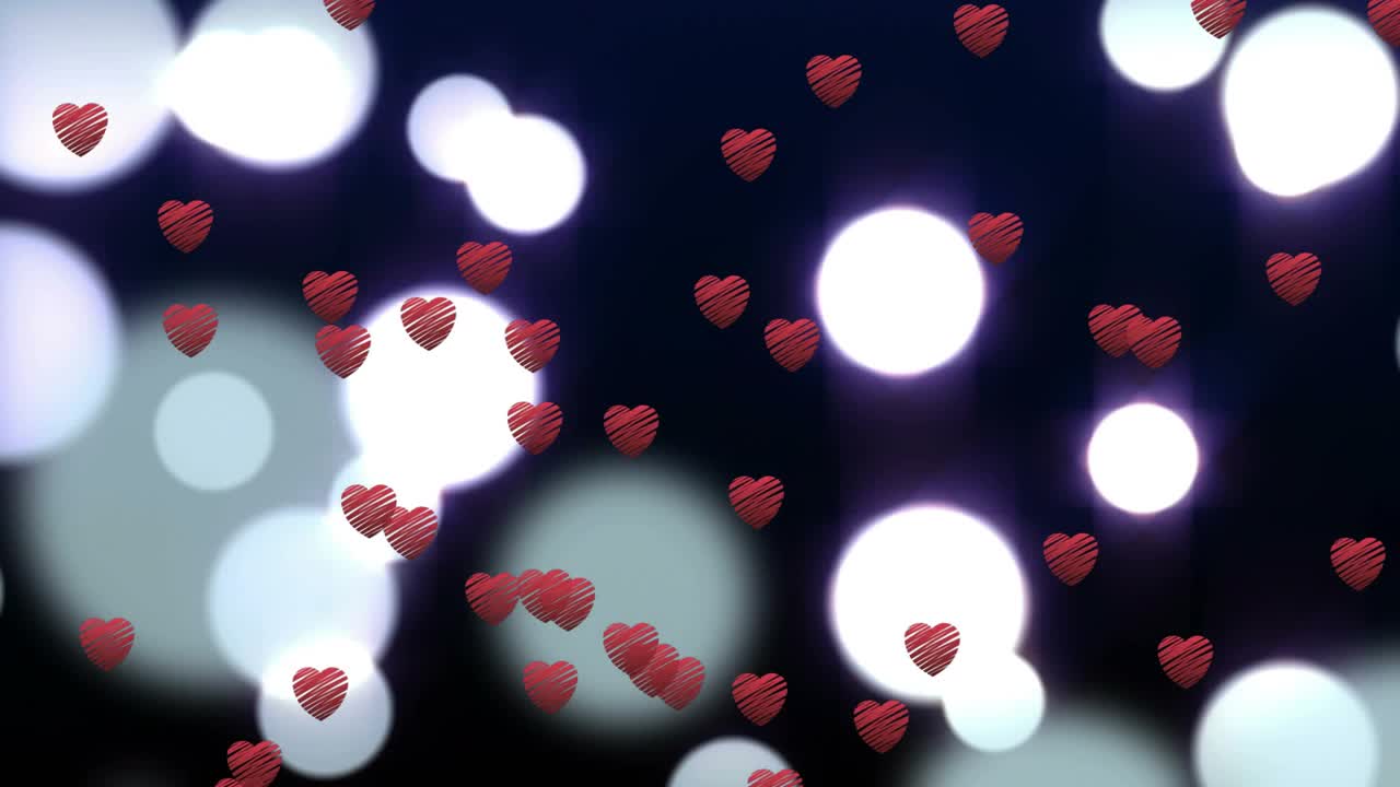 On start red heart icons appearing, rising and scattering over bluish bokeh background to show love