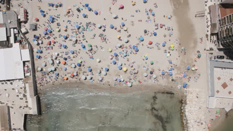 hiperlapso estático aéreo de los visitantes de la playa disfrutando del mar en bari, italia