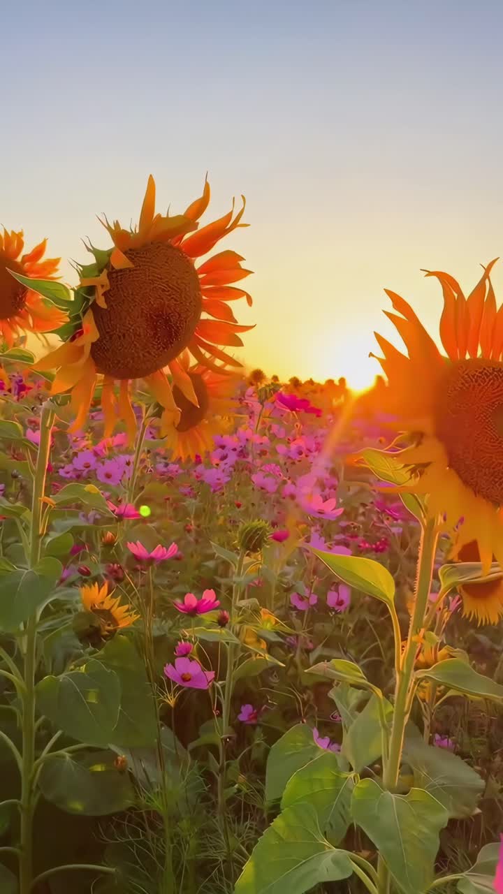 Video di un tramonto dai colori vivaci con girasoli e fiori di cosmos, acquisito da una angolazione bassa per una maggiore profondità, Live