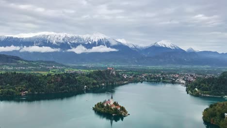 aerial view of bled lake and julian alps landscape, slovenia