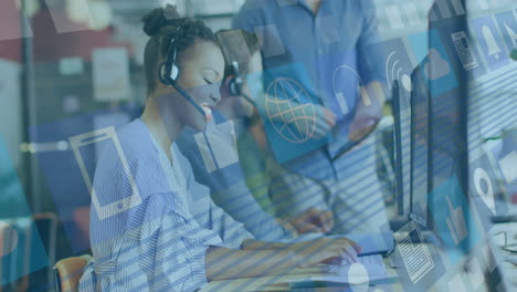 animation of data processing over diverse business people working in office