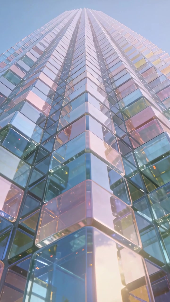 Video vertical: Cámara inclinándose desde abajo, subiendo por la esquina de un cubo de cristal en la ciudad, mostrando reflejos.