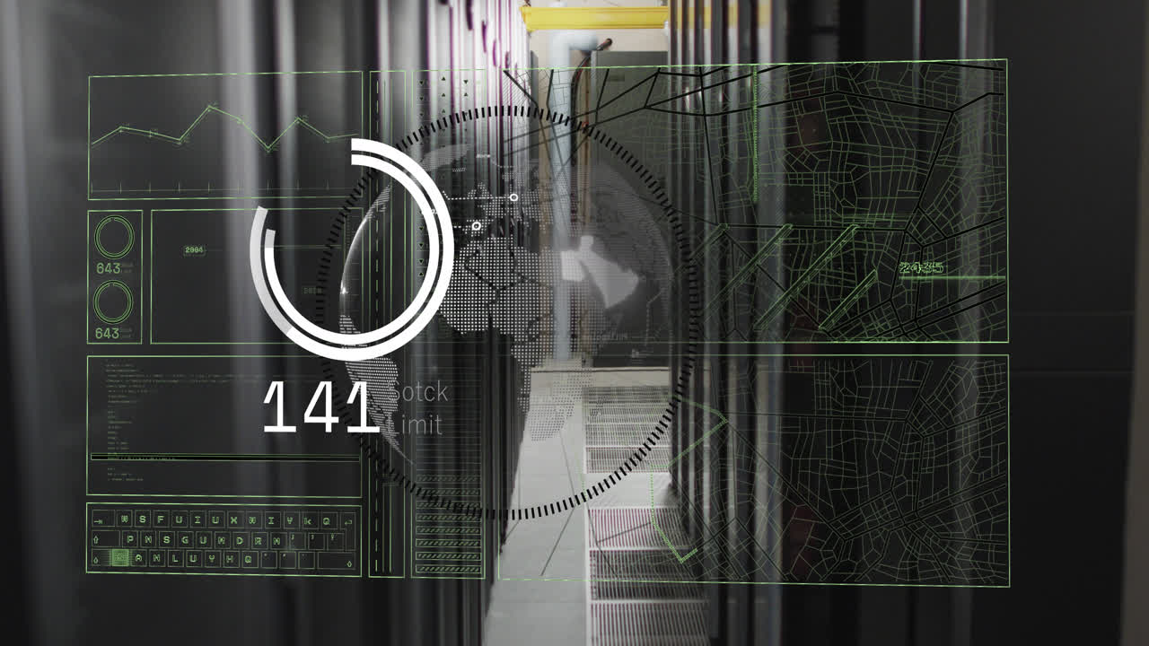 Animation of interface with data processing over spinning globe against computer server room