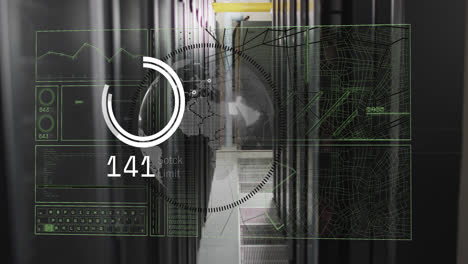 Animation-Der-Schnittstelle-Zur-Datenverarbeitung-über-Einem-Sich-Drehenden-Globus-Vor-Dem-Computer-Serverraum