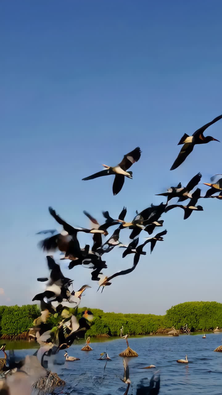 bandada de pájaros sobre el bosque de manglares