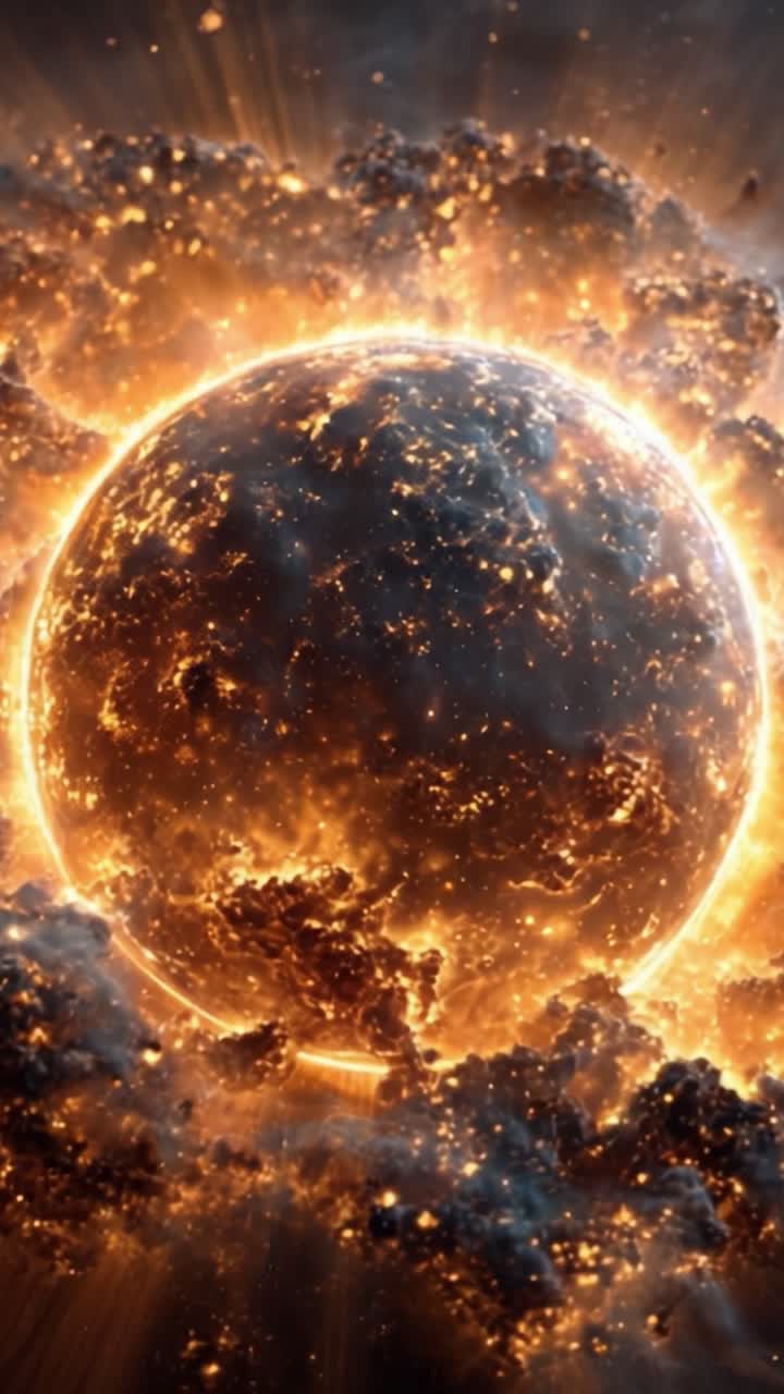 A mesmerizing cosmic explosion reveals a fiery celestial body surrounded by swirling gases and radiant light, creating a stunning display of interstellar energy and beauty