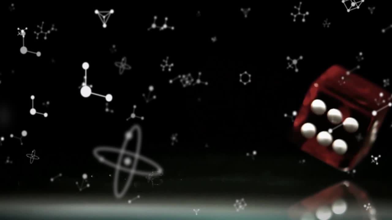 On appearing over molecular backdrop, red translucent die dropping and rolling, showcasing motion