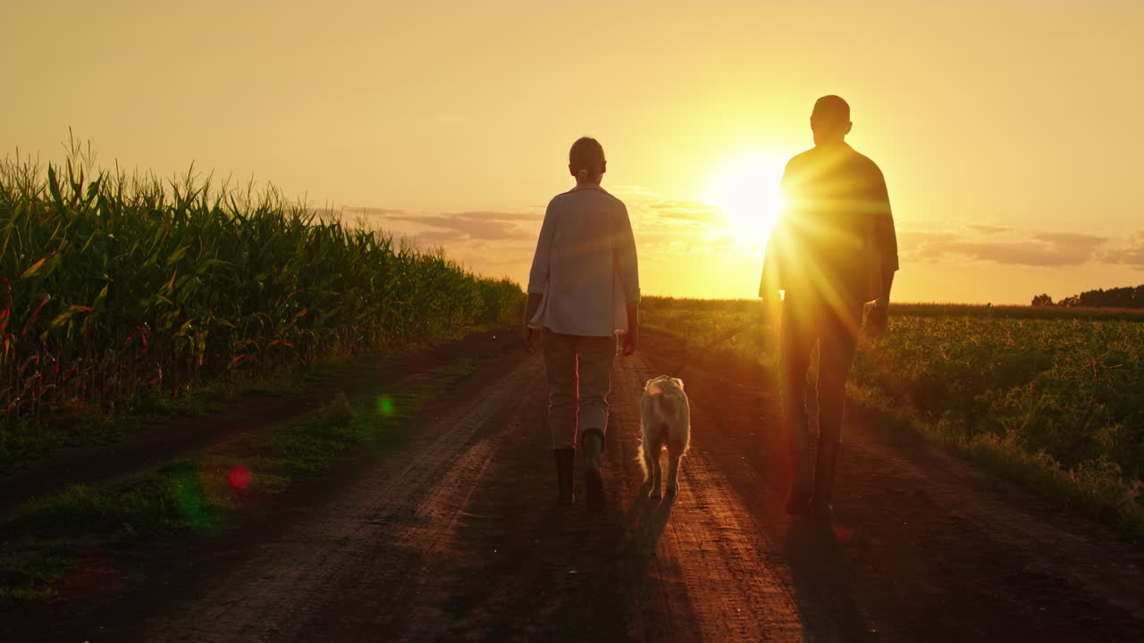 una pareja y un perro caminando por un camino de campo al atardecer