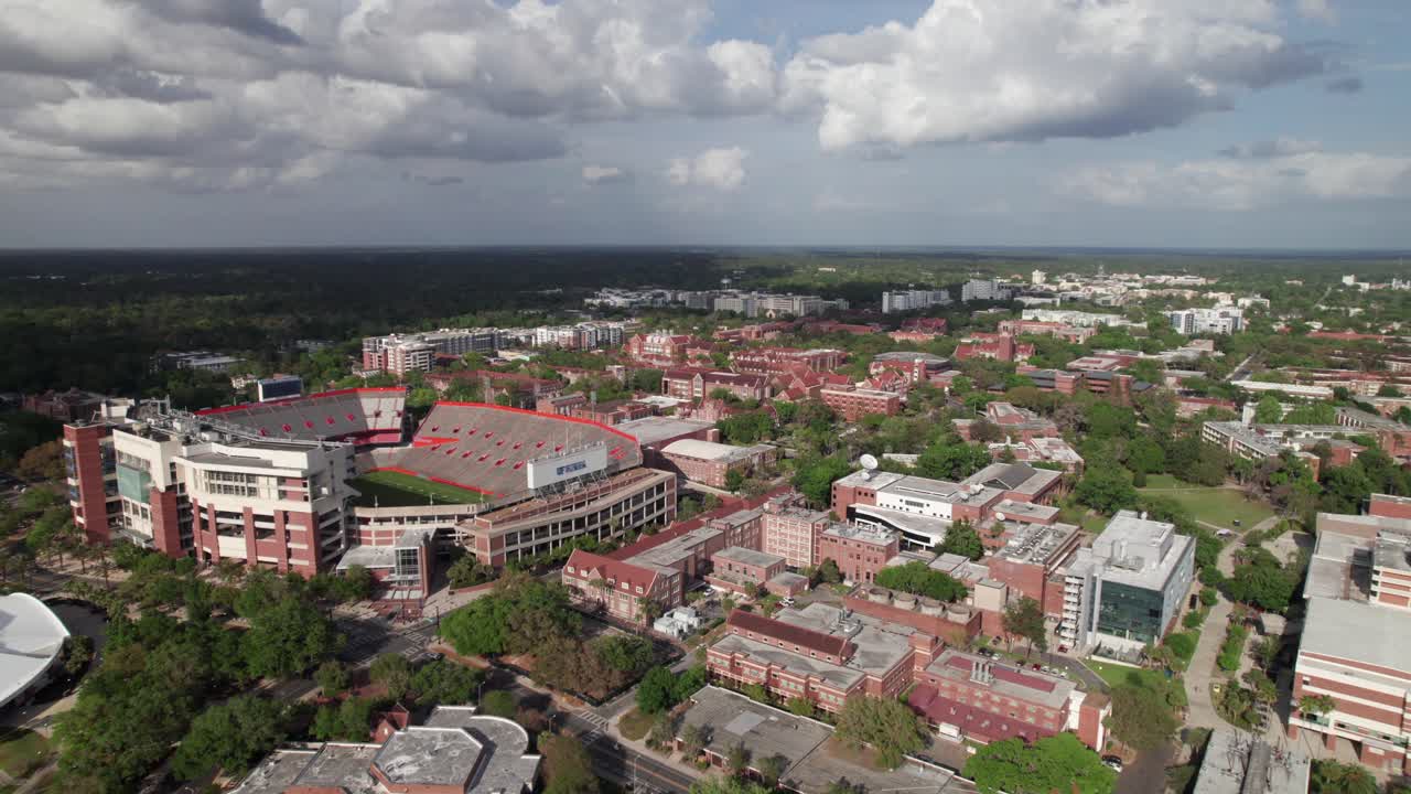 High aerial view of the University of Florida Gainesville campus with Gators' stadium, 4K