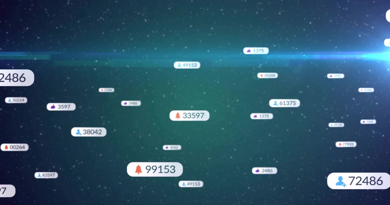 Apertura su campo stellare con bagliori, bolle di notifica che compaiono, conteggi che si aggiornano, dissolvenza, mostrando crescita.
