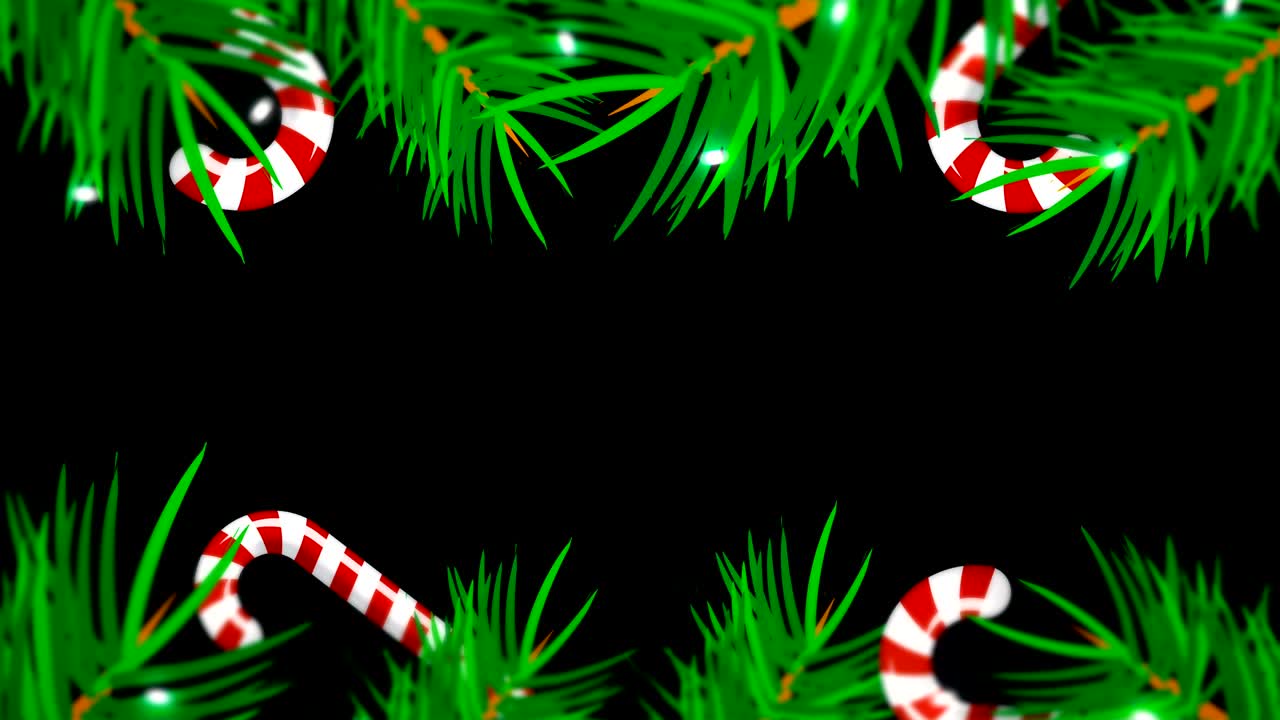 marco de navidad sobre fondo negro. telón de fondo abstracto con árboles de brunch, dulces y luces
