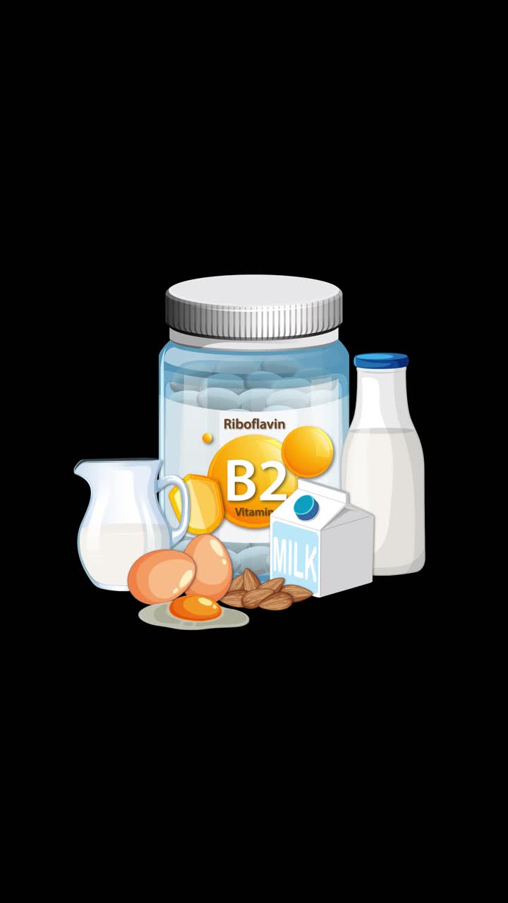 Botol Vitamin B2 dengan susu, telur, dan almond muncul di latar belakang hitam, animasi tambahan yang halus.