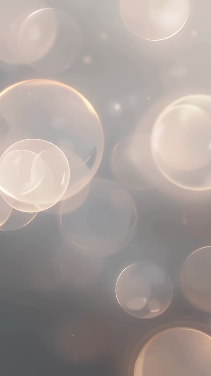 Video verticale: Avvio della riproduzione, sfere bokeh che fluttuano su sfondo grigio, creando un bagliore delicato con scintille.