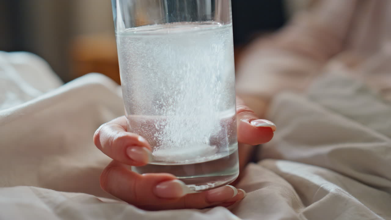 Effervescent tablet in glass of water held in hand