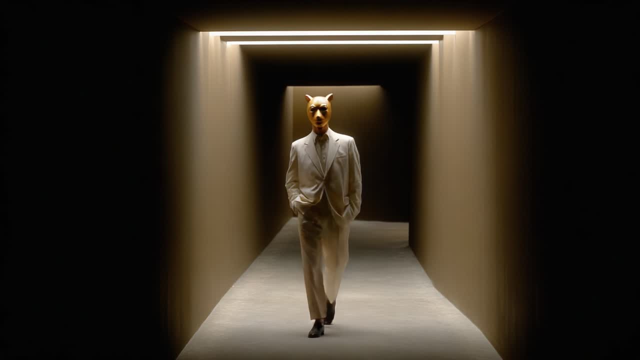 A Mysterious Figure in a Narrow Corridor: The Start and End of a Striking Journey Through a Dimly Lit Passageway Featuring Unusual Mask Imagery
