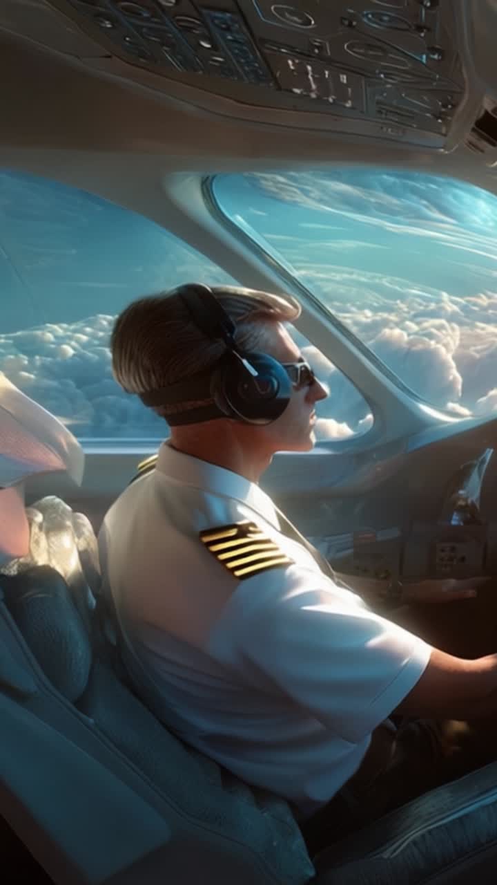 Vista aérea desde una cabina: Un piloto navega a través de majestuosas nubes, mostrando la belleza del vuelo y la atmósfera serena sobre el mundo.