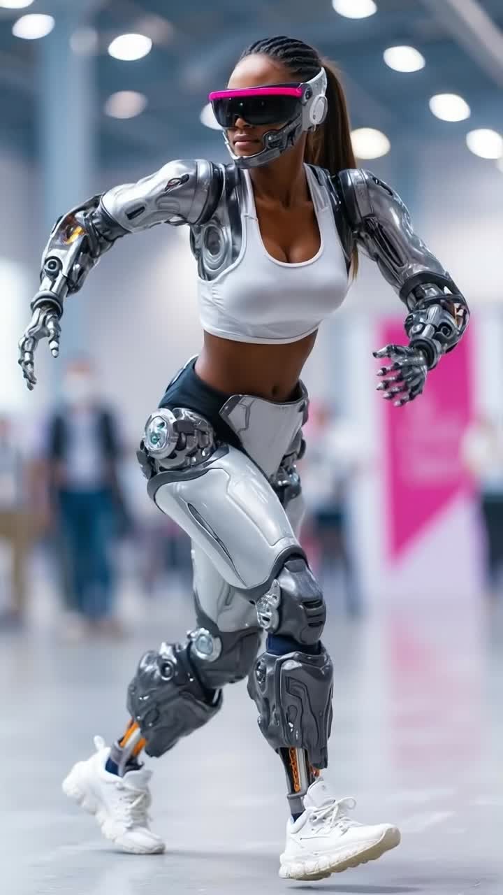 Female cyborg athlete with advanced bionic legs posing at a technology exhibition