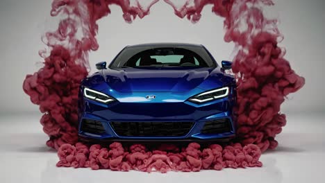 coche deportivo azul en humo de tinta roja