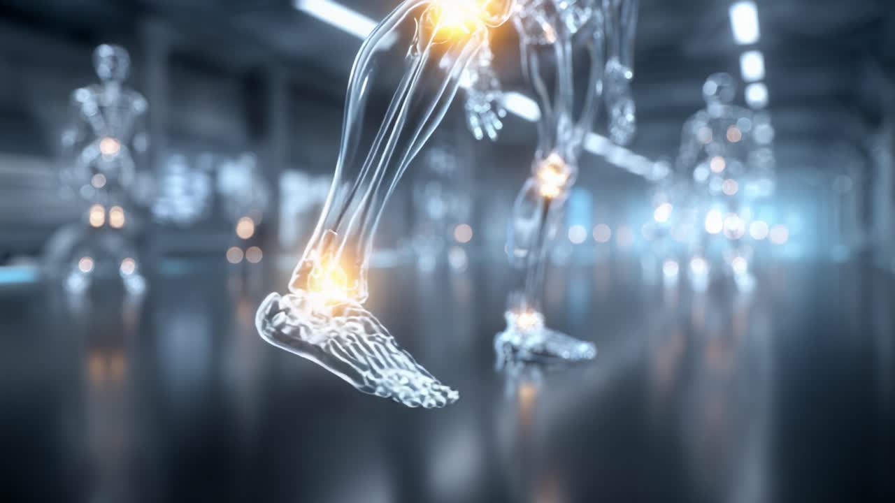 A Futuristic Exploration of Transparent Robotic Figures in Motion, Highlighting Mechanical Joints and Fluidity in a High-Tech Environment