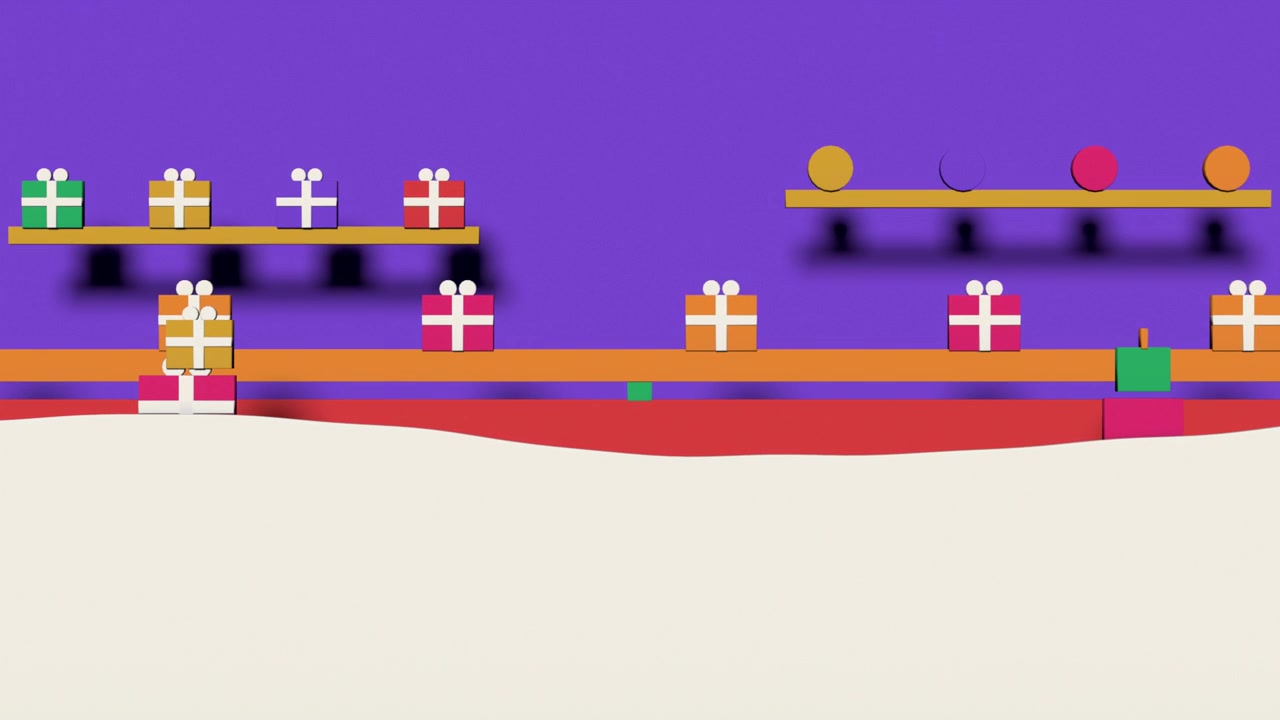 Conveyor carrying gifts after left boxes appearing, sorting gifts with snow, transparent background
