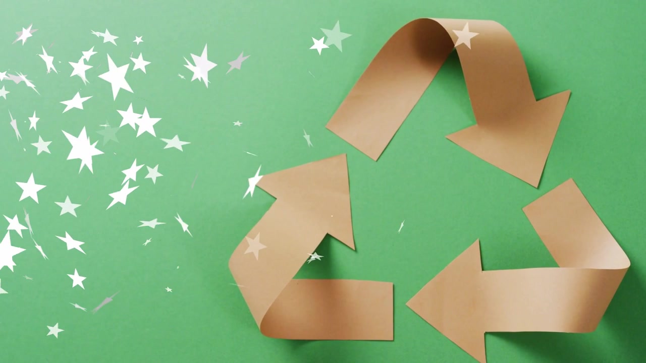 White stars starting from left edge sweeping over brown paper recycle symbol emphasizing eco theme