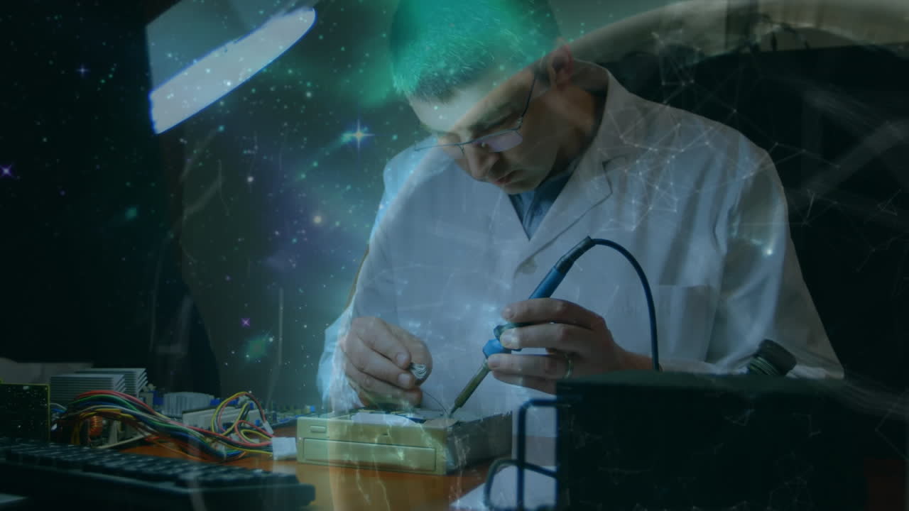 animación del globo girando sobre el cáucaso hombre reparando hardware de computadora