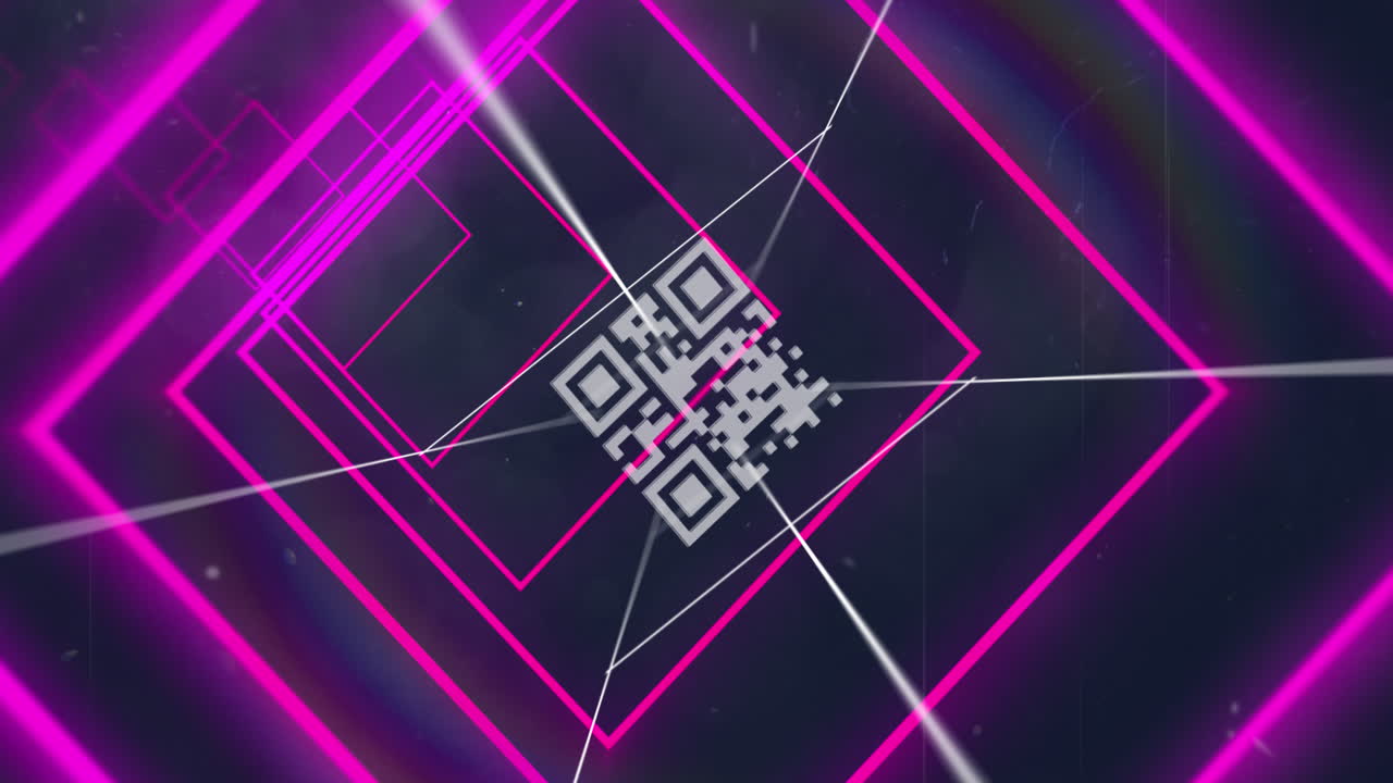 Animation of pink neon geometrical shapes over colorful qr codes