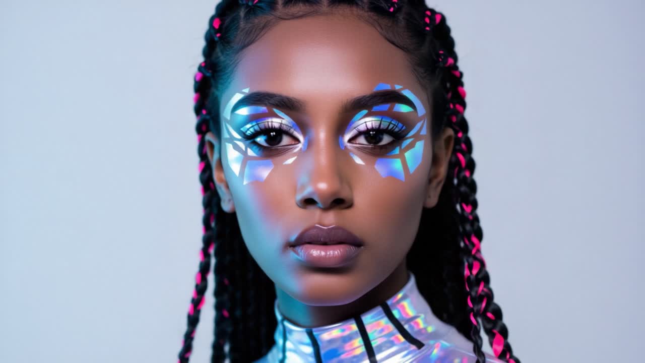 Affascinante ritratto di una giovane donna con trucco artistico e trecce alla moda, che irradia vibrazioni futuristiche e design colorati unici in un ambiente da studio.