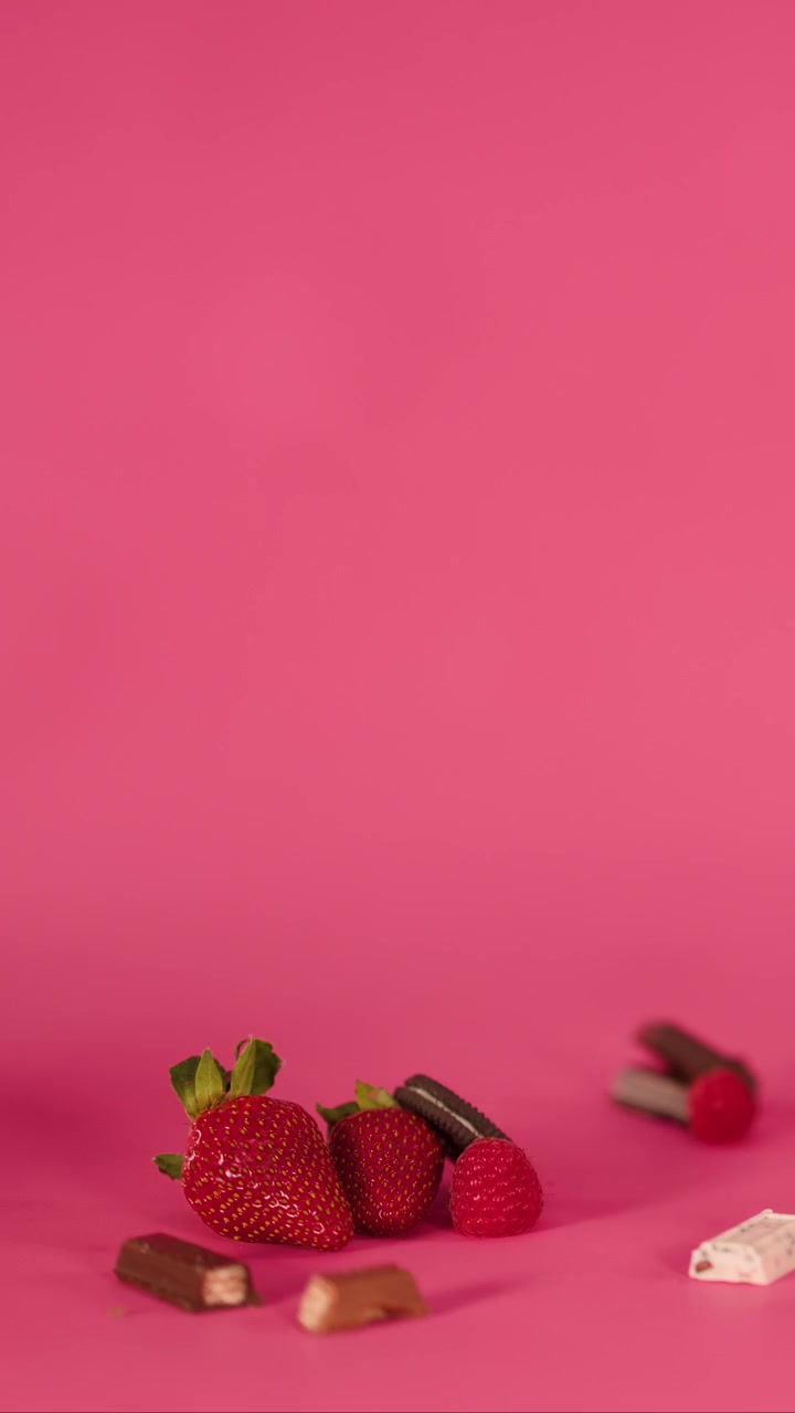 Hand arranges strawberries, chocolate, cookies, and raspberries on vibrant pink surface under soft lighting