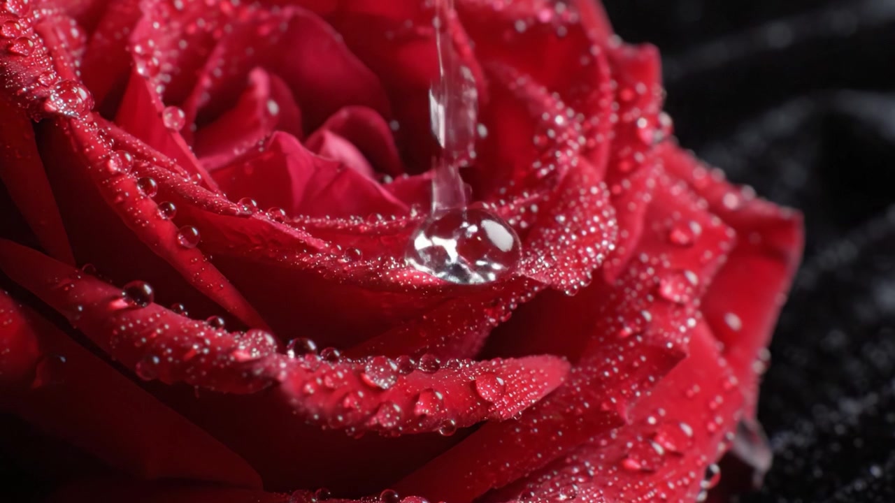 Una vista ravvicinata di petali di rosa rossa bagnati di rugiada su uno sfondo scuro, catturando la bellezza e l'eleganza della natura in ogni dettaglio