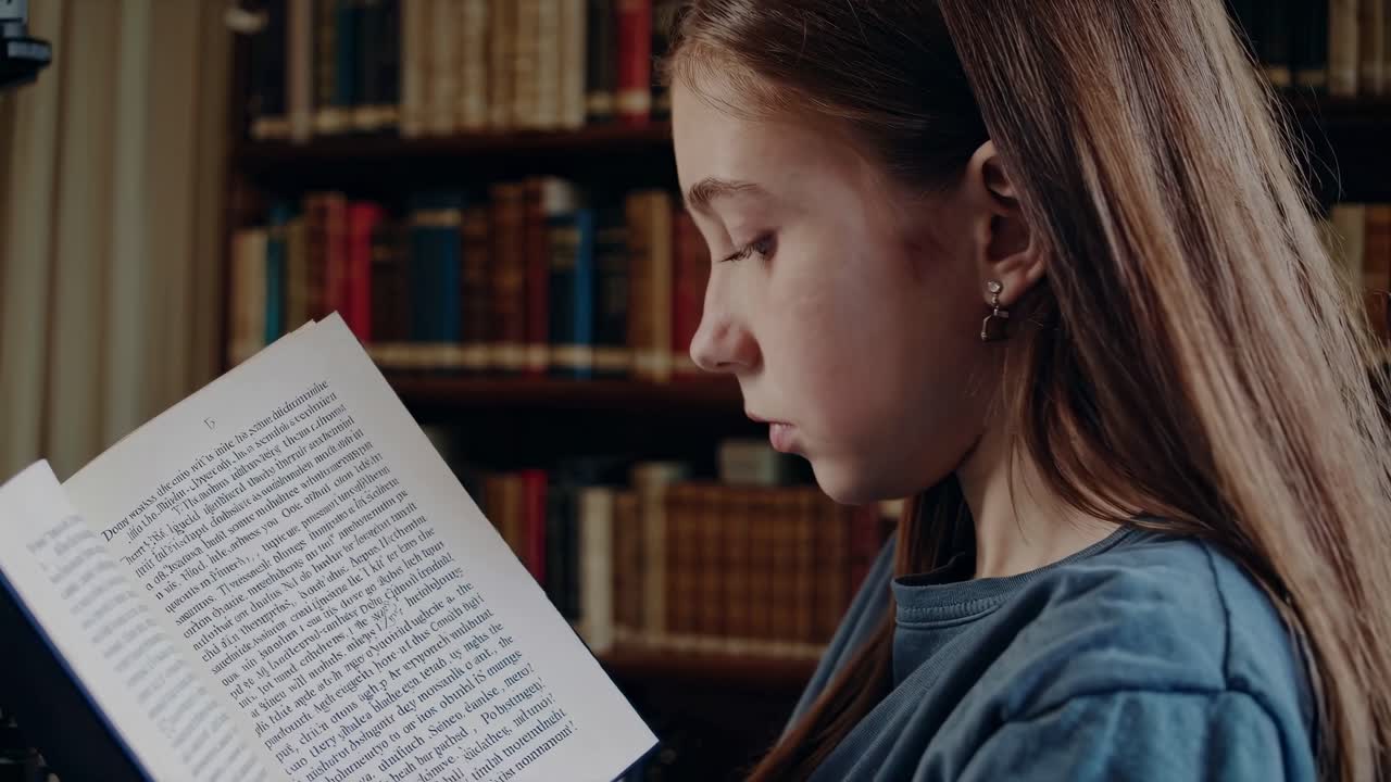 The video captures a young girl deeply focused on reading, conveying a serene and contemplative