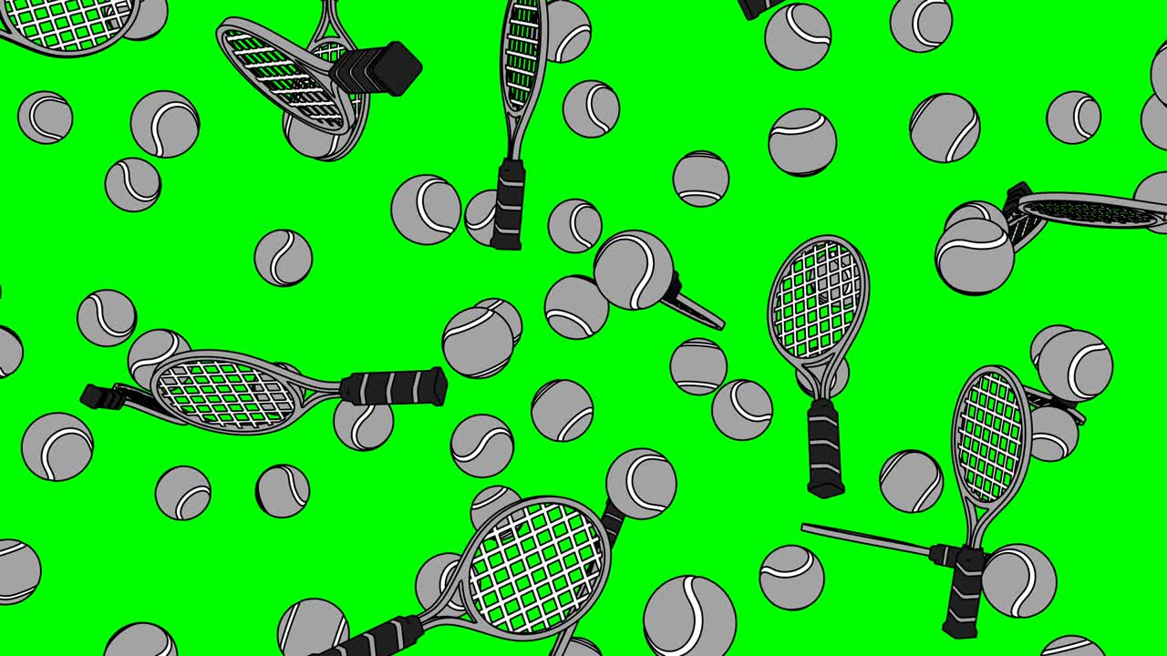 초록색 크로마 키 배경에 회색 테니스 공과 테니스 라켓.